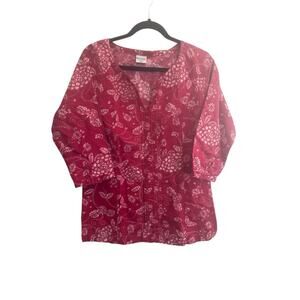 Columbia Women’s Small Red Linen Cotton Floral Tunic 3/4 Sleeves #5805